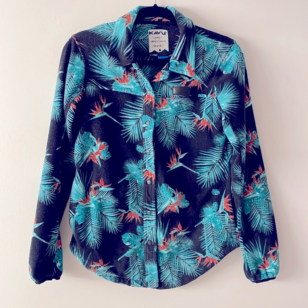 KAVU Fleece Palm Tree Snap Button Shirt/Jacket hidden pockets Sz Small